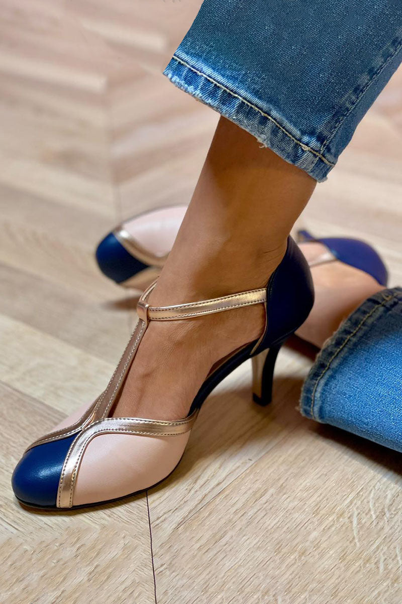 Amber - Colourful T-strap Court Shoes with Round Toe