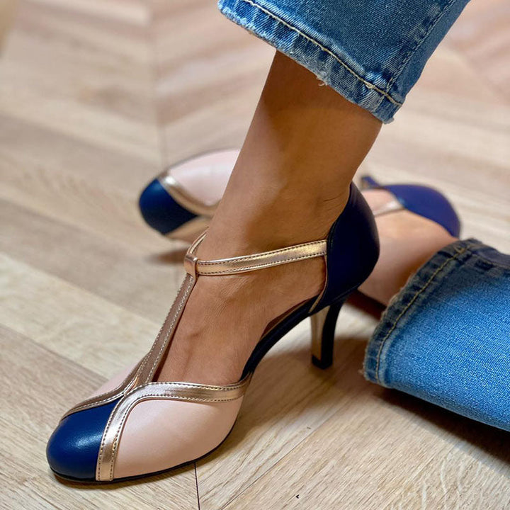 Amber - Colourful T-strap Court Shoes with Round Toe