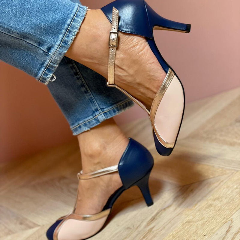 Amber - Colourful T-strap Court Shoes with Round Toe