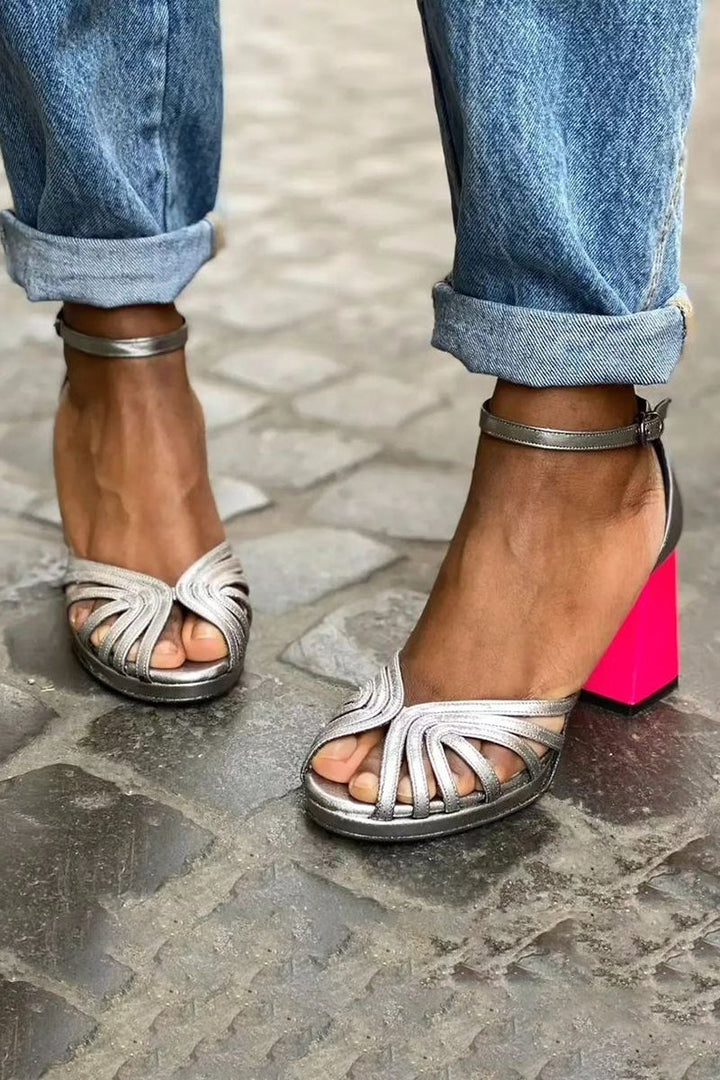 Agnes - Sparkling Sandals with Thick Heel and Elegant Buckle
