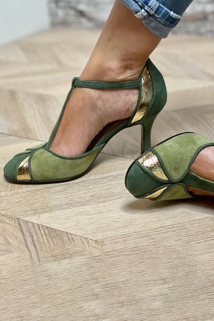 Tilly - Patchwork Heels with T-Strap and Closed Toe