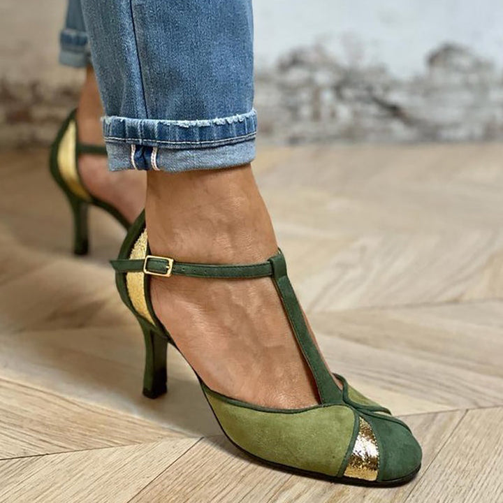 Tilly - Patchwork Heels with T-Strap and Closed Toe
